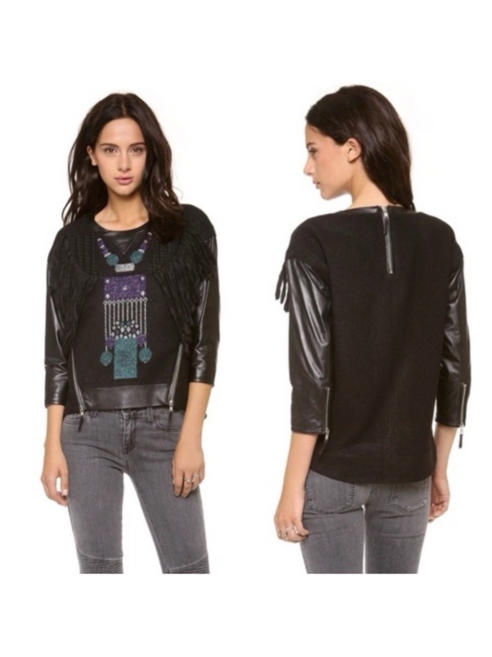 Milly Nora Leather Sleeve Pullover with Fringe